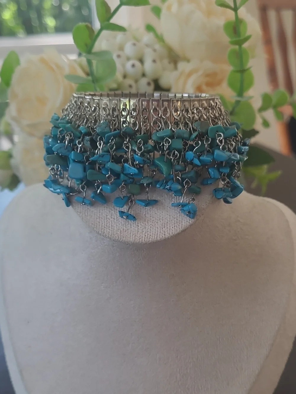Vintage Boho Turquoise Chip Wide Stretch Panel Cuff Bracelet